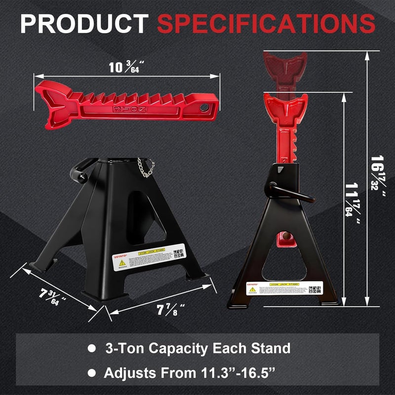 USYATO 3 Ton Jack Stands (6,600 lbs) - Heavy Duty Car Jack Stand with Double Pin Locking, Adjustable 11.22"-16.54" Height, Extra Rubber Pads for Trucks, Garage, Home,DIY Use - 1 Pair Black - Image 2